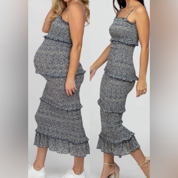 Mable Women’s Smocked Long Ruffle Sleeveless Dress Blue Floral Midi SZ Small EUC - Picture 12 of 13